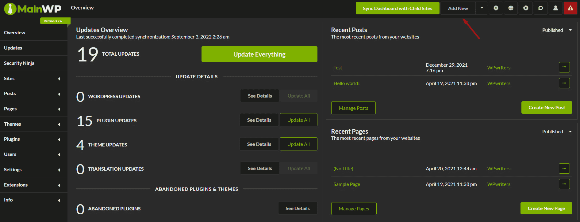 Security Ninja for MainWP is used to control the settings of all Security Ninja-installed Child Sites directly from the MainWP Dashboard.