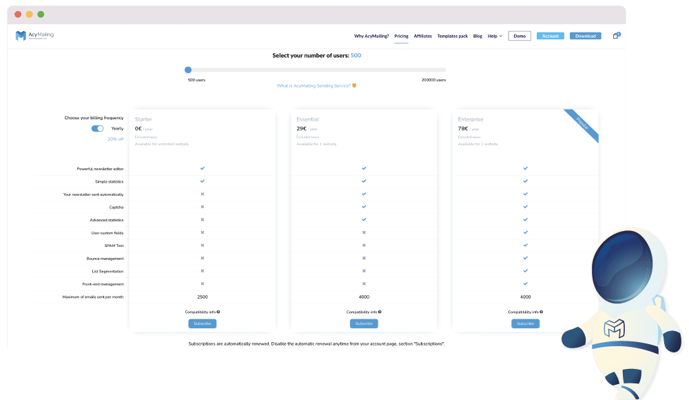 pricing plan service sending acymailing