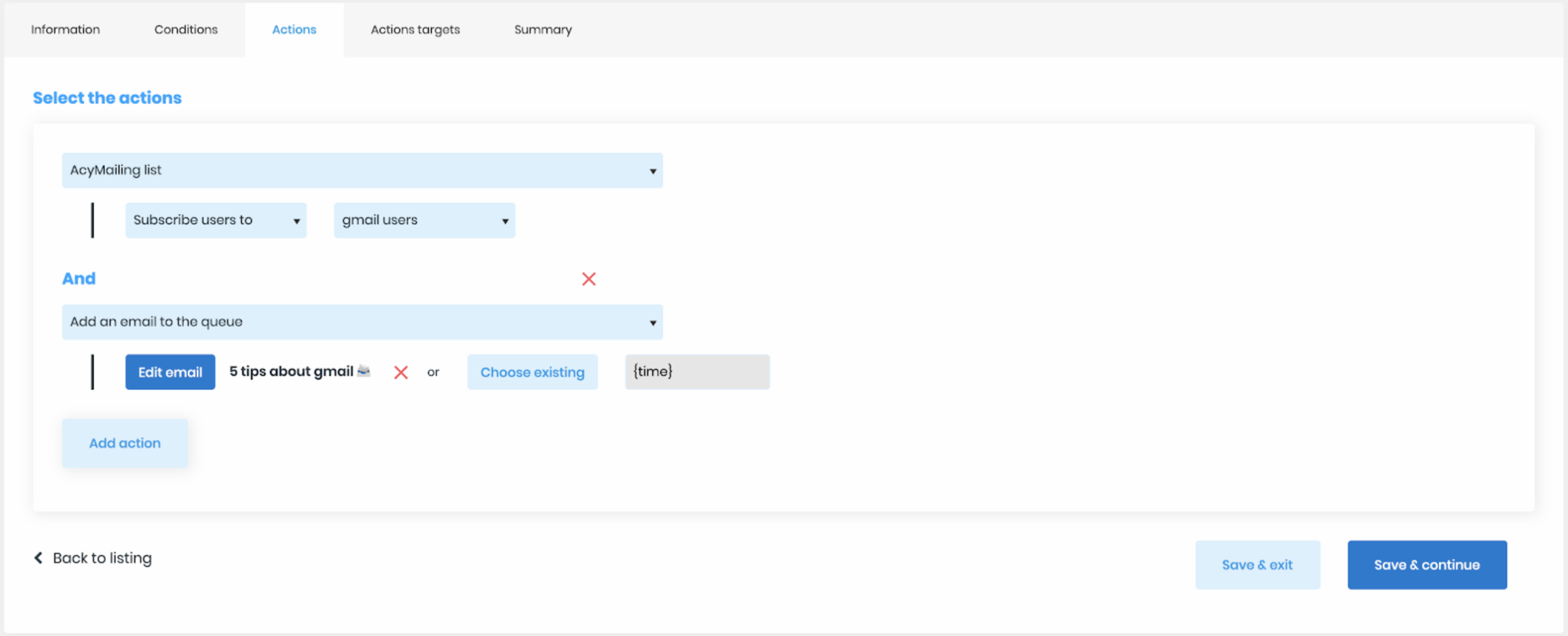 actions automation acymailing