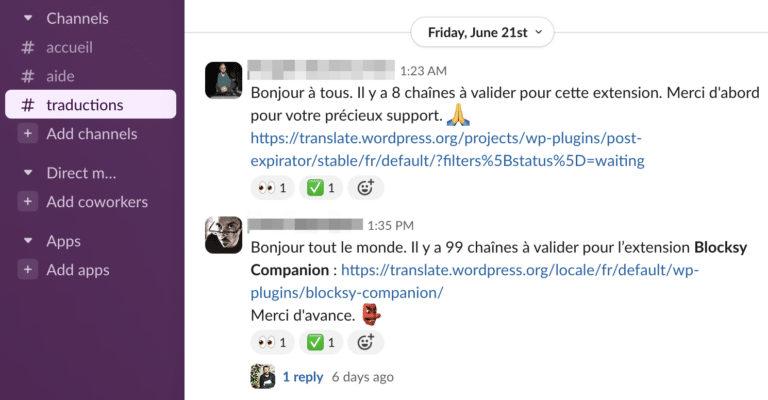 Example translation channel in slack server